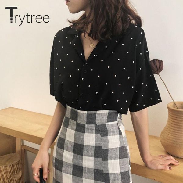 

women's blouses & shirts trytree 2021 spring autumn blouse women casual turn-down collar single breasted dot 3 color loose all-purpose, White