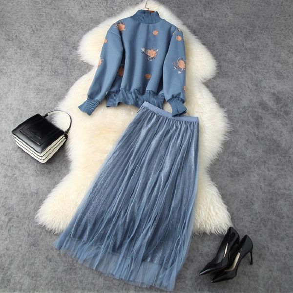 

casual dresses two piece office work clothing set womens sets embroidered sweater gauze pleats long half skirt suit dvdv, Black;gray