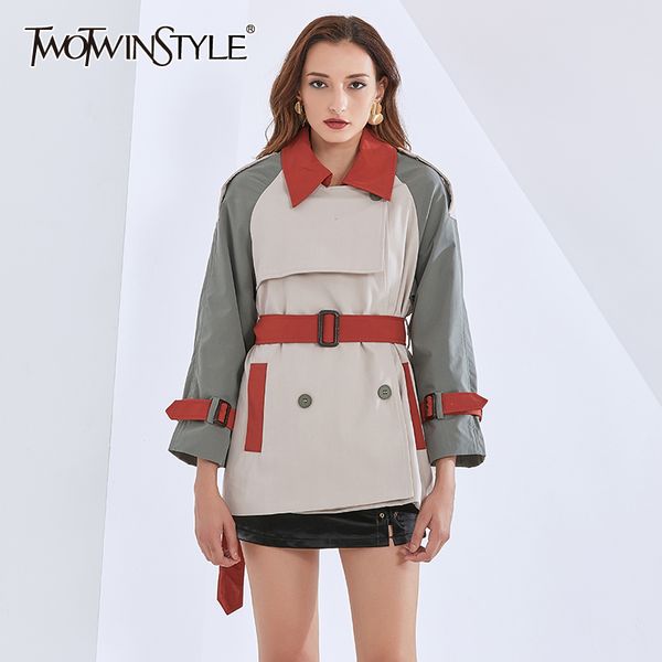 

plus size windbreaker for women lapel collar long sleeve high waist lace up hit color windbreakers female 210524, Tan;black