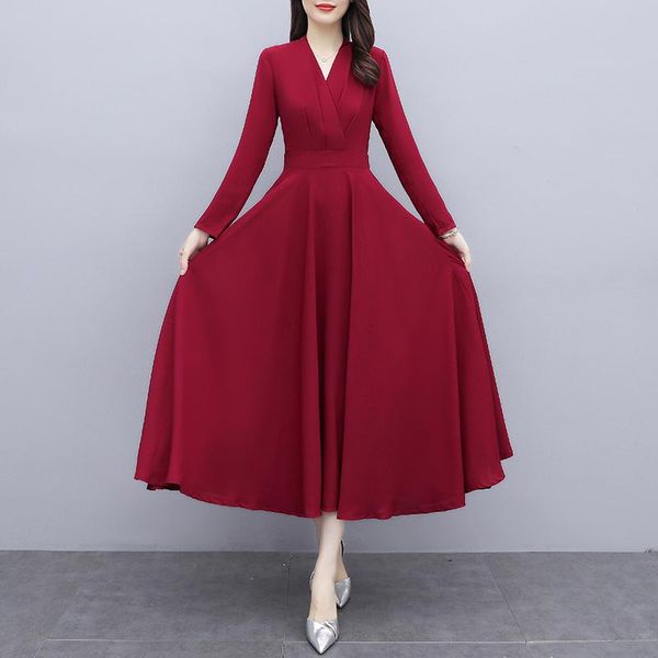 

casual dresses oteele autumn women temperament office lady large size chiffon dress cross v-neck solid comfortable slim female, Black;gray