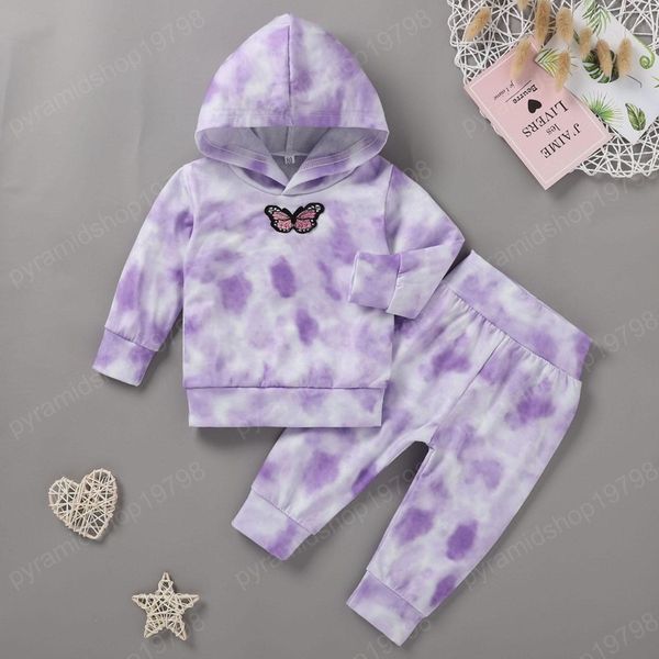 Girl Roupas Conjunto de Manga Longa Borboleta Rosa Roxo Hoodies + Calças Outono Algodão Macio Crianças Roupas 2 peças Sets 0-24 Meses