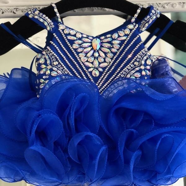 

modest royal blue cupcake toddler infant girls pageant dresses ball gown rhinestones 2022 crystal organza kids teens little girl party prom, White;red