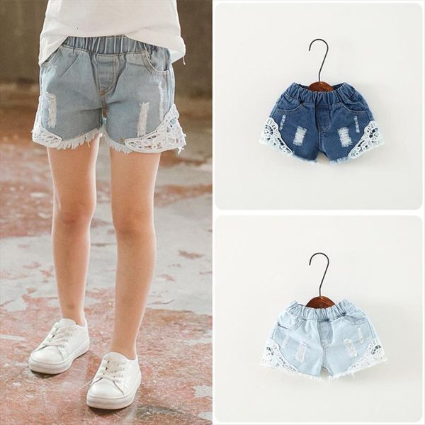

girls lace ripped jean shorts summer kids pants korean girl cute denim short 2 12years children pocket baby clothes, Black