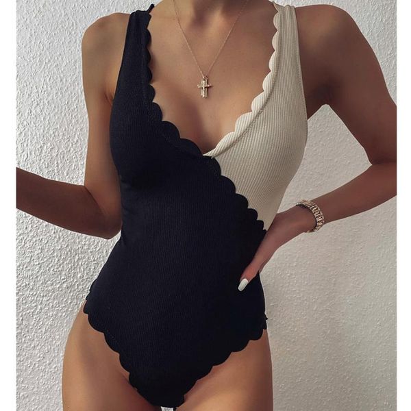 

wavy swimwear women one piece swimsuit female bodysuits v-neck petal monokini vintage bathing suits one-piece