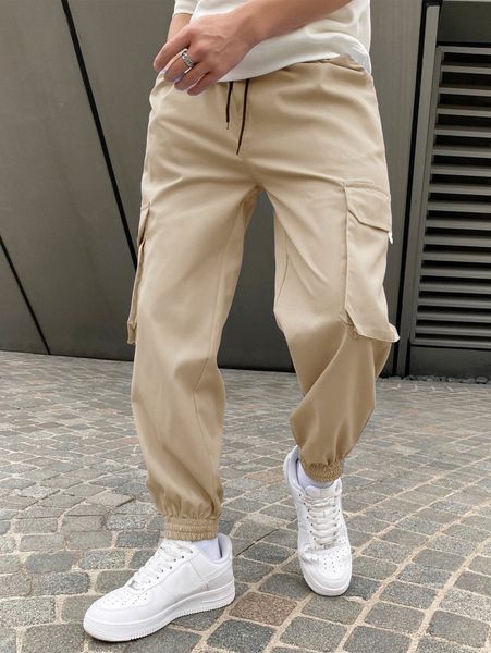 

men solid slant pocket cargo pants 87ly#, Black
