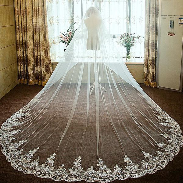 

bridal veils arrival white netting lace cathedral length 3.5m one layer applique wedding wraps, Black