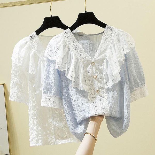 

women's blouses & shirts plus size women summer lace casual arrival 2021 fashion korean style v-neck ruffles loose ladies elegant w277, White