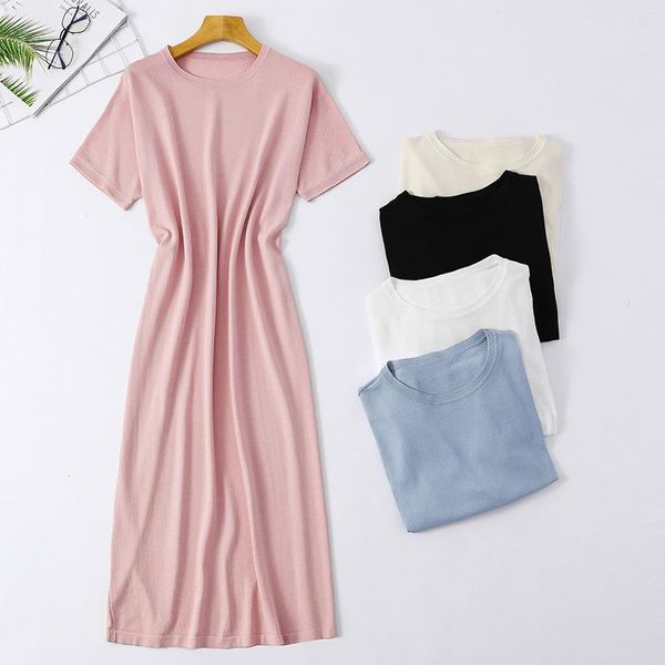 

casual dresses chic long sweater dress women korean 2021 summer female ice silk short sleeve loose a-line knit vestidos feminino, Black;gray