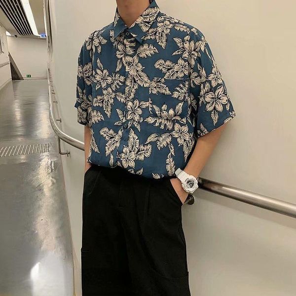 

men's casual shirts summer retro floral printed short sleeve shirt men fashion korean loose beach formal luxury dress, White;black