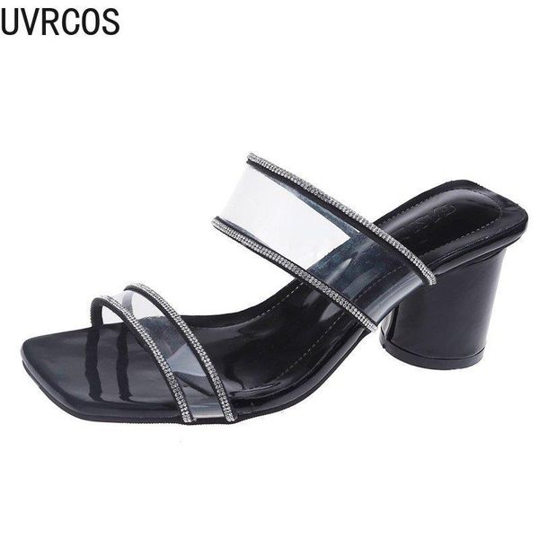 

female high-heeled slippers fashion wild outdoor women's shoes transparent vamp metal decorative temperament, Black
