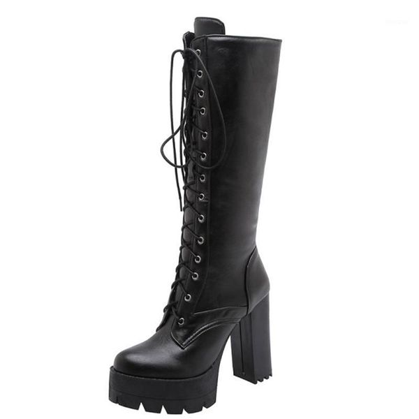 

boots 2021 knee high women round toe lace up fashion long pu leathehr square heel shoes size 34-431, Black