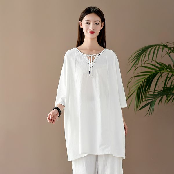 

polo aransue national style cotton flax pullover women's shirt will see with v-long retro chinese design tshirt, White