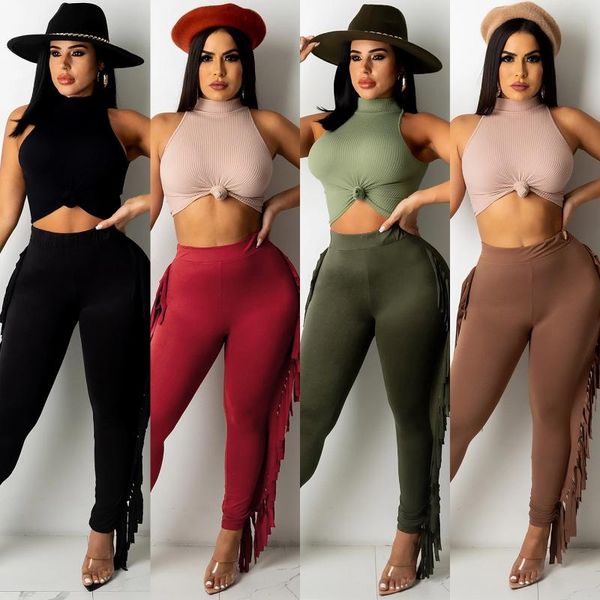

women's two piece pants woman panelled sleeveless tank crop tassel long 2021 summer bodycon matching 2 sets party club outfits, White