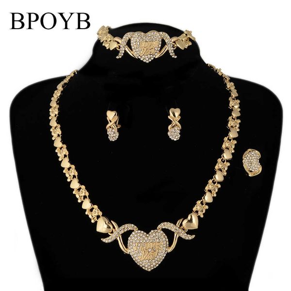 BPOYB Entzückendes Teddybär-Herz „I Love You Xoxo“-Schmuckset in Goldfarbe, Halskette, Ohrringe, Armband, Ring im Ganzen