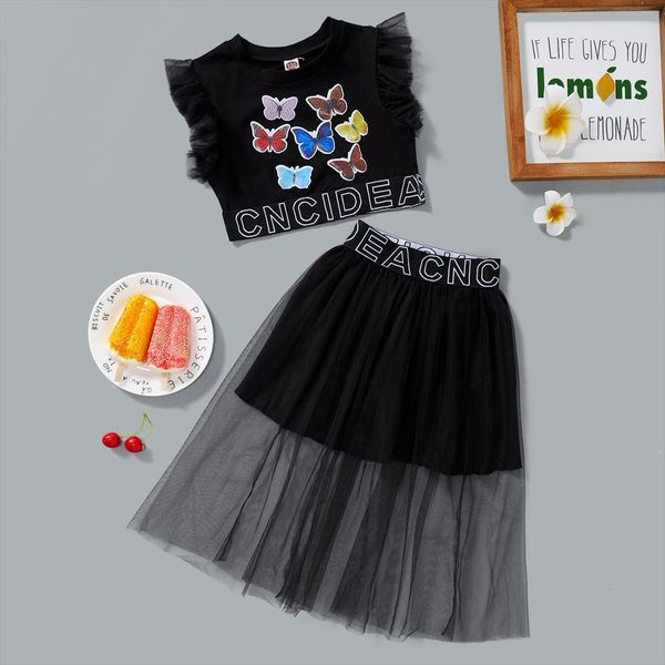 

toddler baby girls fashion net yarn suit kids children print letter irregular long mesh skirt sets 2pcs 1 6y, White