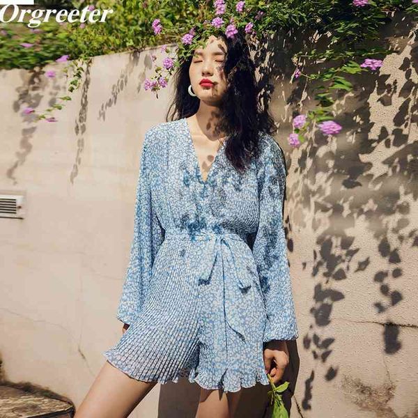 

fashion v-neck summer women's long lnatern sleeve floral printted blue jumpsuit high waist sashes chiffon romper overalls female 210525, Black;white