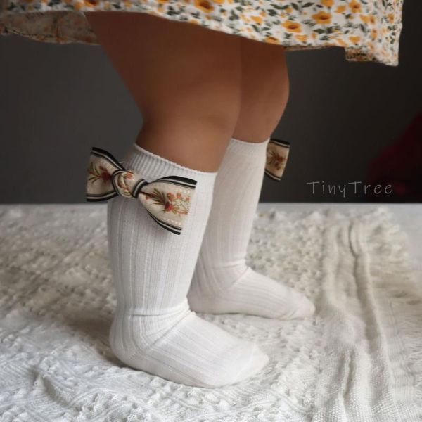

socks floral embroidery bowknot baby for born girls spring and autumn cotton knee high kids soft bow xmas, Pink;yellow