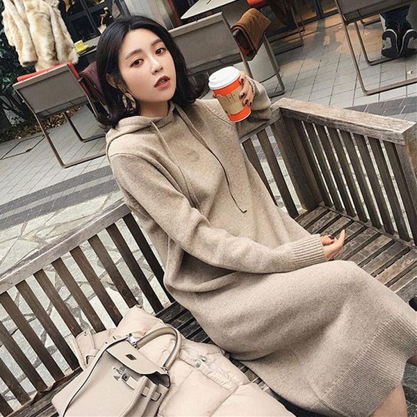 

women's sweaters knitted hooded women casual loose long dress autumn students pullover hood dresses, White;black