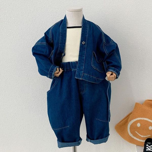 

clothing sets kids clothes spring baby boys girls japan-korean style denim suit loose long sleeve jacket + carrot pants 2pcs outfit, White