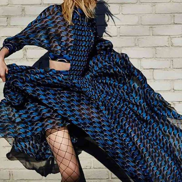 

runway blue stripes printed fashion womens dresses long sleeves high neck hollow out floor length charming party dress newest, Black;gray