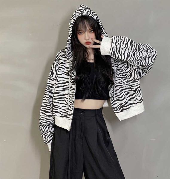 

jacket women solid color hoodies 2021 autumn winter zebra pattern korean loose thick zipper sweatshirt women's jackets, Black;brown