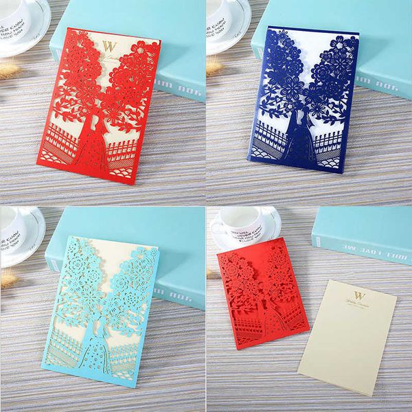 100 pçs vermelho azul corte a laser convites de casamento cartão design de árvore cartões de saudação envelopes personalizados decoração de festa de casamento SH190923