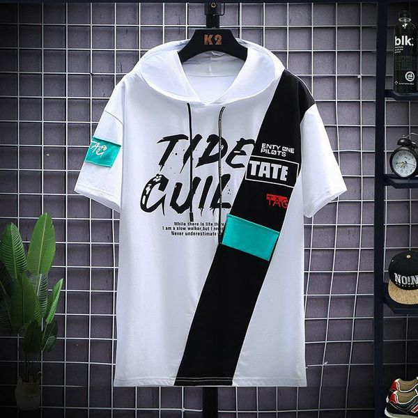 

men's t-shirts 2021 fashion brand summer short sleeve t-shirt cotton tshirt casual slim print hooded male drop, White;black