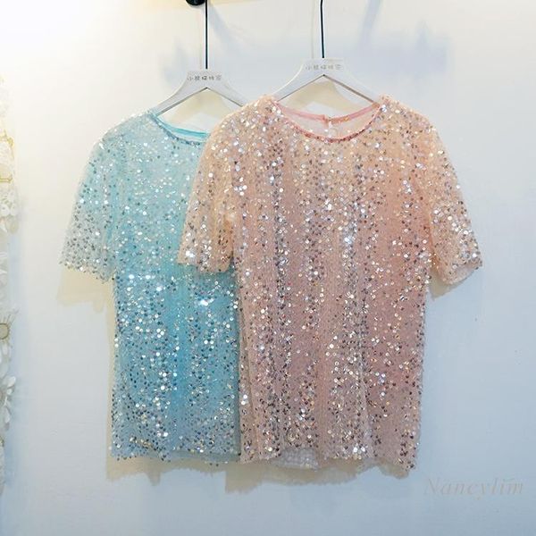 

women's t-shirt sequined short-sleeved korean style spring summer round neck hollow mesh shirt loose 2021 nancylim, White