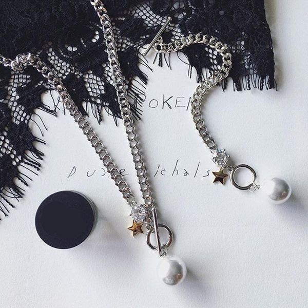 

pendant necklaces re korean ot buckle rhinestone pearl star metal chain necklace chunky short chains for women collier femme d35, Silver