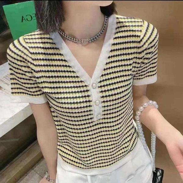 

women's t-shirt casual korea style v-neck t shirt women short sleeve tshirt striped knitted 2021 summer clothes tee, White