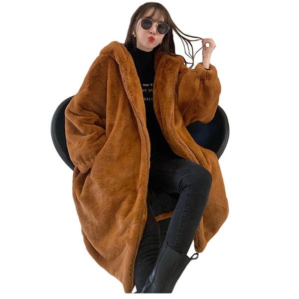 

women's fur & faux winter oversize coat women parka thick warm plush jackets long jacket hooded overcoat, Black