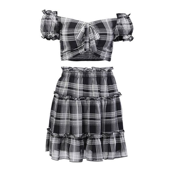 

skirts harajuku plaid two piece set women sets chiffon off shoulder crop t shirt fashion sweet girl pleated skirt gothic outfits, Black