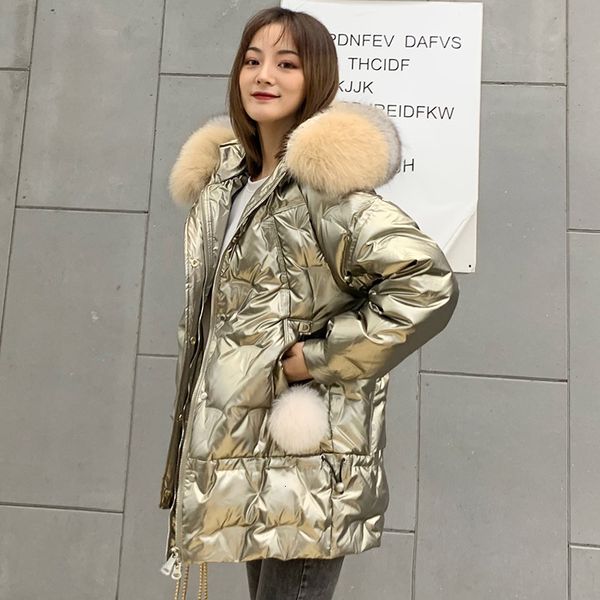 

down off-Season Special Korean-Style Trendy Bright Face Real Fox Big Fur Collar Thick down Jacket Women's Mid-Length, Black