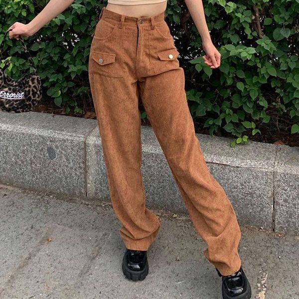 

2021 spring overseas new slim women's corduroy solid color flip pocket straight pants, Black;white