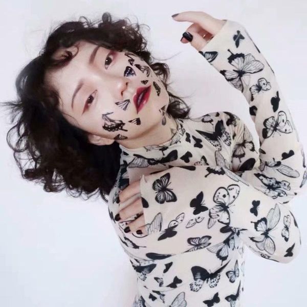 

women's t-shirt autumn winter turtleneck long sleeve mesh butterfly print t shirt women camiseta transparent mujer drop fulfillment, White