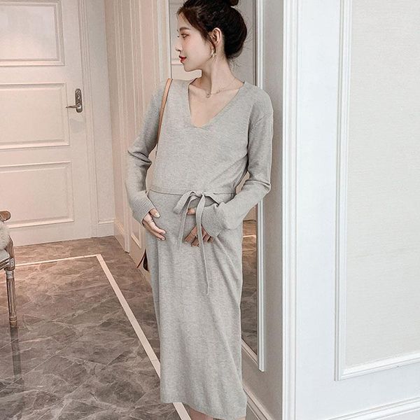 

loose plus size maternity dresses straight knit sweater clothes for pregnant women breastfeeding base dress, White