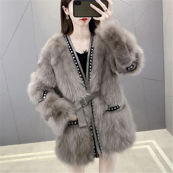 

women's fur & faux mid-length 2021 winter fashion style waist long sleeves thickened warmth coat one body trendy h190, Black