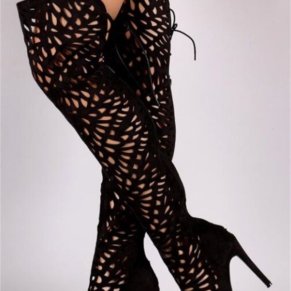 

boots summer heat clipping peep toe leather camulence women's lace up gladiator female high heeled boot on the knee boots py0x, Black