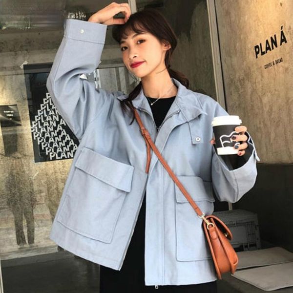 

women's trench coats women autumn solid loose windbreaker pockets safari style harajuku streetwear ulzzang all-match chic, Tan;black