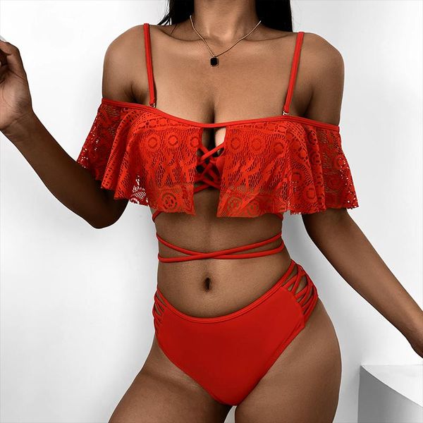 

miturn 2021 red ruffle lace up high waist two pieces bikini set swimsuit women beachwear swimwear bathing suit two-piece suits