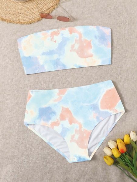 

plus tie dye bandeau bikini swimsuit b8t9#, Black