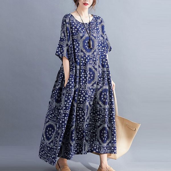 

oversized women loose casual dress new arrival summer arts style vintage print o-neck comfortable female long dresses s2906 210412, Black;gray