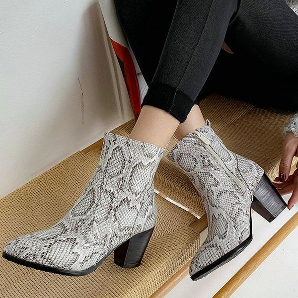 

boots autumn and winter women square high heel ankle fashion snake print pu round toe zipper shoes large size 34-43, Black