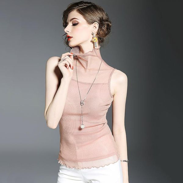 

women's t-shirt versatile fashion bright silk elastic large slim high collar bottom shirt sleeveless small shir, White