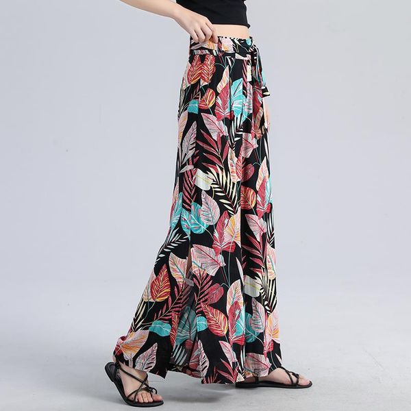 

women's pants & capris print wide leg women long casual cotton silk pant boho holiday beach chiffon trousers plus size 4xl, Black;white