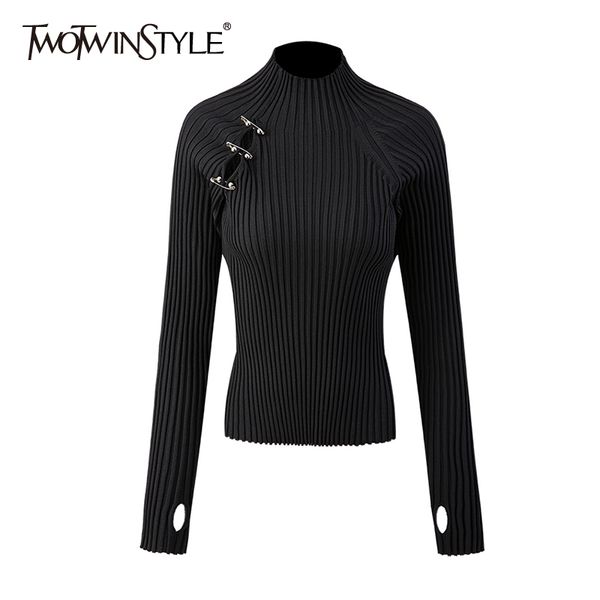 

twotwinstyle slim patchwork pin sweater for women turtleneck long sleeve hollow out sweaters female fashion clothing 210517, White;black