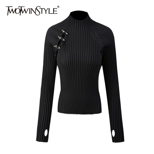 Twotwinstyle Slim Patchwork Pin Sweater para Mulheres Turtleneck Manga Longa Hollow Out Shutters Feminino Moda Roupas 210517