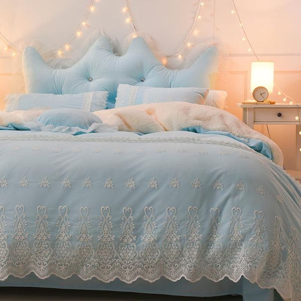 

bedding sets blue pink purple soft berber fleece princess girl white lace set fabric duvet cover bed sheet/linen pillowcases