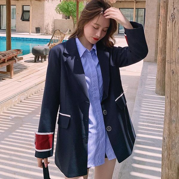 

women's suits & blazers [ewq] korea chic temperament navy blazer women's autumn 2021 notched loose single breasted long sleeve suit, White;black