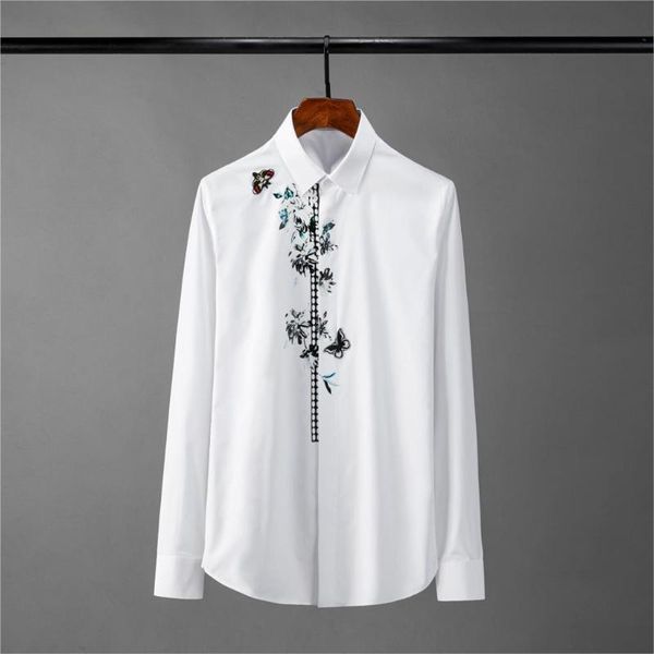 

butterfly embroidery mens shirts solid color long sleeve casual male plus size 4xl slim fit man shirt men's, White;black
